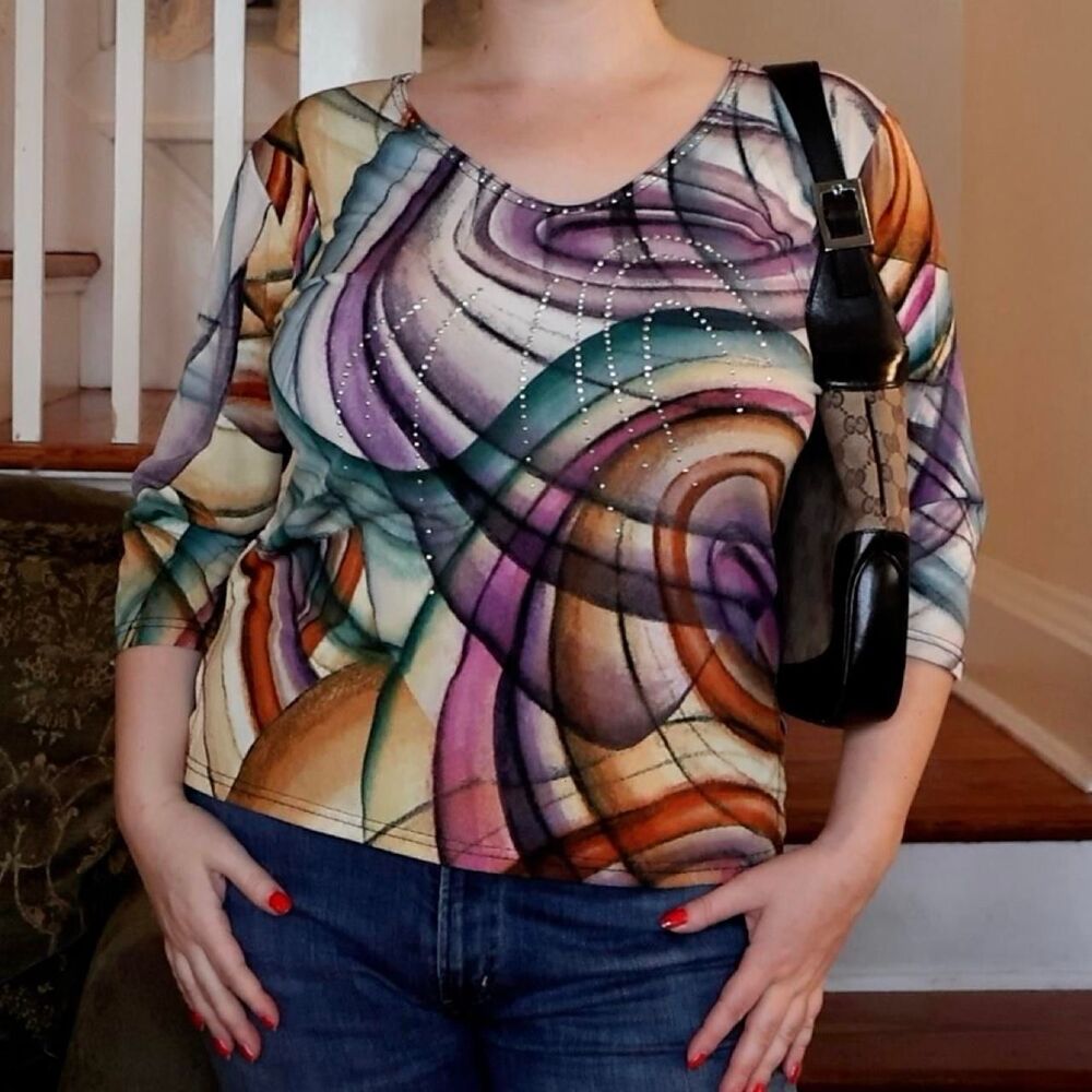 Valentina Swirl 3/4 Sleeve Top Sz Small Rhinestone Multicoolored Purple Teal 90s